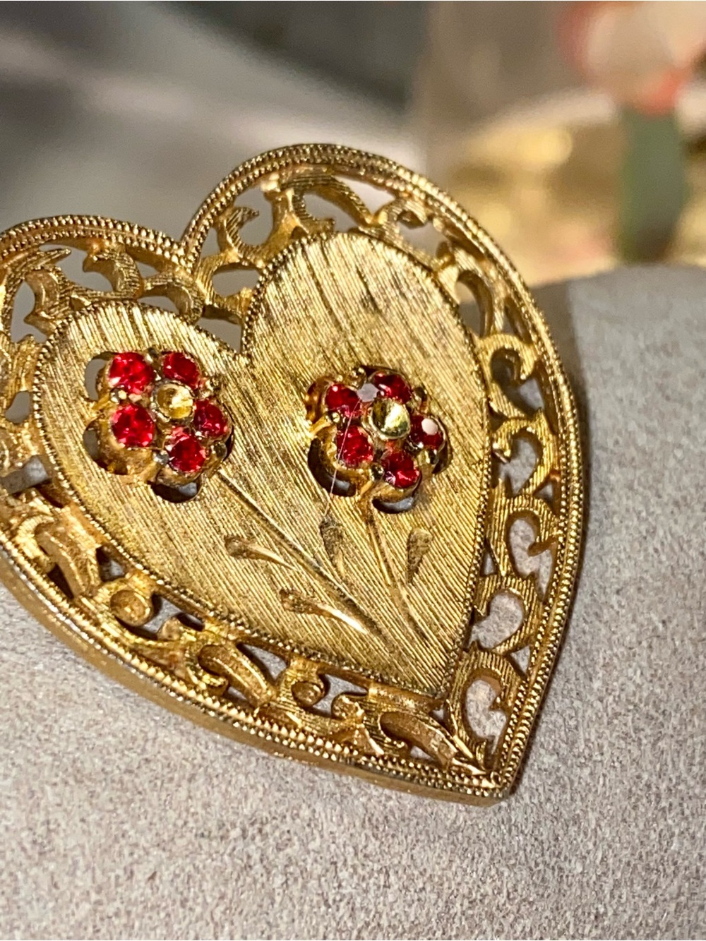 Gold-Tone Heart Brooch with Red Crystal Accents- JJ
